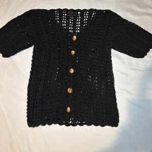 Pure Handknit Black Crochet Cardigan 100% Cotton L/XL Handmade